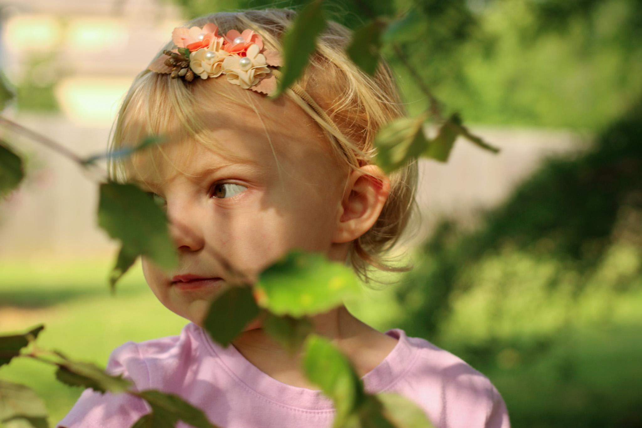 child looking through the tree leaves innocent photo